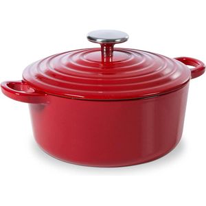 Geëmailleerde Gietijzeren Braadpan 20cm/25 L met Deksel - Inductie Geschikt - Bakken Smoren Stoven - Oven- en Vaatwasmachinebestendig - Chilli Rood