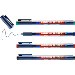 edding 8407/4S kabel marker set - assorti 4 stuks: zwart, rood, blauw, groen - 0,3mm