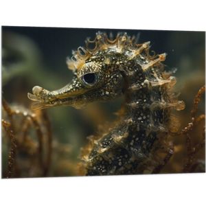 Vlag - Bruingekleur zeepaardje in de zee tussen onderwater planten - 100x75 cm Foto op Polyester Vlag