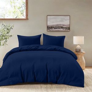 Dekbedovertrek 200x220 cm met 2 kussenslopen 80x80 cm - Donkerblauw - 200x220 volwassen bedset van 100 procent microvezel