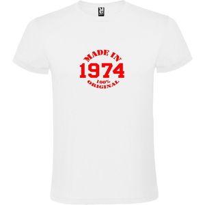 Wit T-Shirt met “Made in 1974 / 100% Original “ Afbeelding Rood Size XS