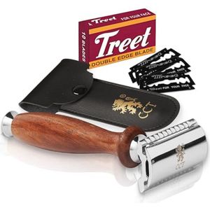 The Cambridge Cutthroat Veiligheidsscheermes voor Heren – Dubbelzijdig eiligheidsscheermes van roestvrij staal met Missanda houten handvat, inclusief tien mesjes en reisetui, voor nat scheren