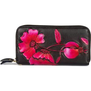 Dames portemonnee elegant leder roze met bloemenprint- dames clutch elegant leder roze