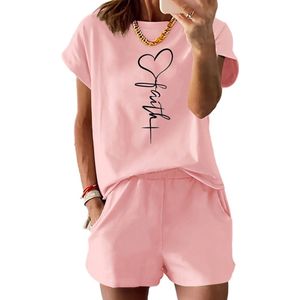 Kledingset Dames Love Faith - Roze - Shirt - korte Broek - Zomer - Travel