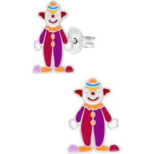 Oorbellen meisje | Zilveren kinderoorbellen | Zilveren oorstekers, clown in rood, paars en oranje clownspak