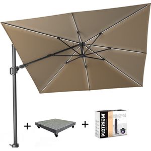 Challenger T2 glow zweefparasol 300x300 cm taupe met 90KG voet en hoes