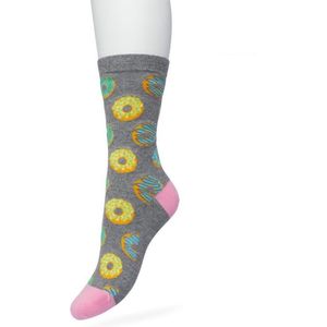 Bonnie Doon Dames Sokken met Donuts Print maat 36/42 Grijs - Thema Sokken - Donut - Cadeau Sokken - Word je Happy en vrolijk van - Zacht Katoen met Gladde Teennaad - Comfortabel - Perfect Cadeau - Medium Grey Heather - BT991122.112