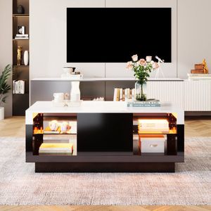 Sweiko Salontafel, Bijzettafel met glas en LED-effect, Woonkamer tafel, Witte marmerstructuur hoogglans gecombineerd met Zwarte hoogglans