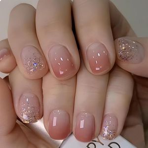 24 Stuks Blush Ombre Press On Nagels - Korte Vierkante Nagels om Op te Plakken - Valse Nagels met Glitter en Franse Nagelpunten - Kunstmatige Nagels