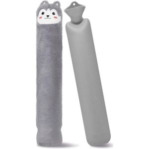 Lange warmwaterkruik met hoes, 2 l, 60 cm, grote nekwarmwaterkruik met overtrek, wollig, warmwaterkruik voor warmte, ook koelen, voor nek, schouder, onderlichaam, rug, dames en heren, grijs