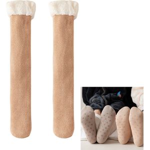 1 Paar Warme Huissokken Dames Lichtbruin - gevoerd - anti-slip - lange huissokken - cadeautip