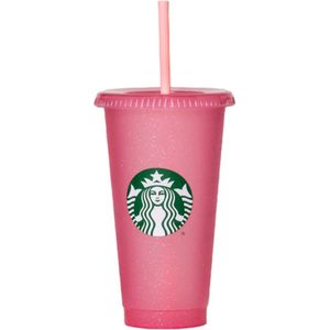 Starbucks Beker - Pink Glitter Cup - Holiday Cup - Met Rietje en Deksel - Glitter Cup - Color Tumbler - Herbruikbaar- ijskoffie beker - Milkshake beker - Limited Edition
