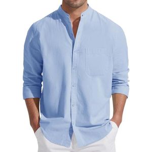 Linnen Katoenen Lange Mouw Zomer Overhemd Met Staande Kraag voor Heren