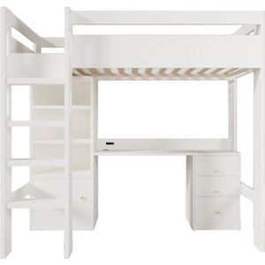 Gotagee Hoogslaper 90×200 cm, kinderbed met USB-C bureau, kledingkast en archiefkast, jeugdbed eenpersoonsbed met trap en lattenbodem, opbergruimte, zonder matras