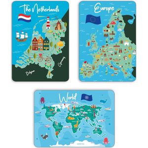 Kleurrijke set van 6 ansichtkaarten met daarop een landkaart - map cards - Postcrossing - Leuke Post - Nederland - Europa - Wereld