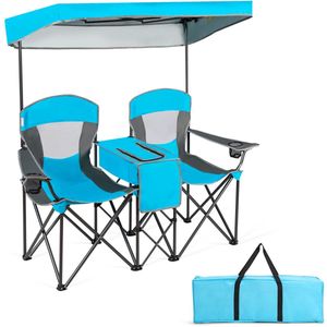 COSTWAY 2-zits campingstoel met zonwering, mini-tafel, koeltas en bekerhouder, inklapbare visstoel met draagtas, klapstoel voor kamperen, vissen, picknick