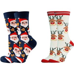 ASTRADAVI Christmas Socks - Sokken - 2 Paar Kerstsokken - Premium Katoenen Normale Sokken - 35/40 - Rood, Wit, Marineblauw - Kerstcadeau Idee