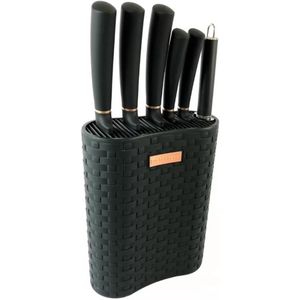 Edënbërg Stijlvolle 7-delige Edenberg Messenset – Black Edition met Blok – Roestvrij Staal + Antikleef Coating