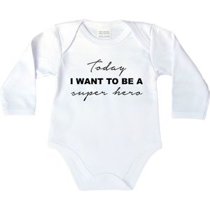 Romper - Today i want to be a super hero - maat: 74 - lange mouw - kleur: wit - 1 stuks - rompertje - rompers - rompertjes - baby born - zwangerschap aankondiging - zwanger - zwangerschap - zwangerschap cadeau - kraamcadeau - kraamcadeaus