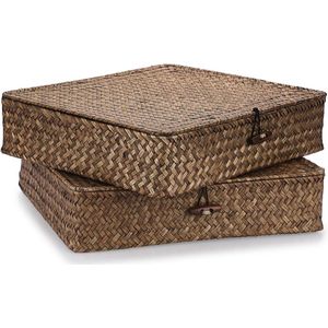 Opbergmand van rieten rieten mand met deksel - plank opbergdoos voor kantoor en keuken - 32 x 28 x 7 cm - koffiekleurig