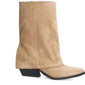 Sacha - Dames - Beige suède western enkellaarsjes met flap - Maat 38