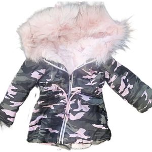 Jas Maat 92 - met roze bontkraag zacht imitatiebont roze legerprint