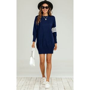 Gebreide tuniekjurk met witte streep in marineblauw