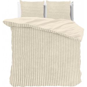 Knuffelzachte teddystof dekbedovertrek Stripes creme - 140x200/220 (eenpersoons) - heerlijk slapen - cosy look - luxe kwaliteit - met handige drukknopen