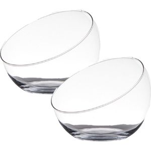 2x stuks transparante schuine schaal vaas/vazen van gerecycled glas 20 x 17 cm. Geschikt voor een bloemstukje of drijfkaarsen
