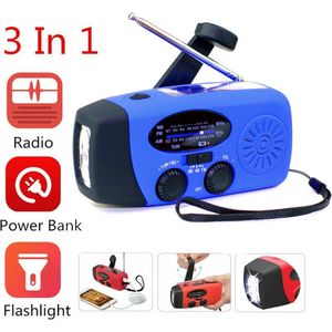 Draagbare noodradio - Powerbank 2000 mAh - Zaklamp - Solar opwindbaar - SOS alarm - USB-C kabel - Noodpakket - Kunststof - blauw