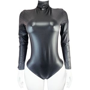Jumpsuit - Maat onesize - Wetlook Zwart glans lange mouwen met col coltrui pak bodysuit
