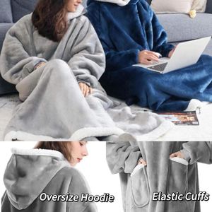 Riokem ® Knuffeldeken met mouwen, deken met mouwen en capuchon, oversized, gigantische hoodiedeken met 2 voorzakken, zachte warme flanel, draagbare deken voor het hele lichaam, unisex voor volwassenen