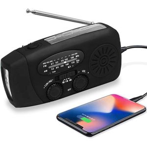 Noodradio - Opwindbaar - 2000 mAh - Radio Met Accu Batterij - Noodpakket - Opwindbaar - Solar - Zaklamp - Powerbank - Op Batterijen - Zwart - Draagbare - Voor Rampen/Camping