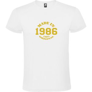 Wit T-Shirt met “Made in 1986 / 100% Original “ Afbeelding Goud Size XS