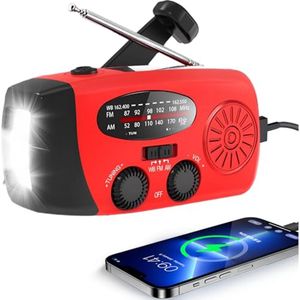 Draagbare Noodweer Radio met Zonenergie en Handcrank - NOAA/AM/FM, 3 LED Zaklamp en 2000mAh Power Bank