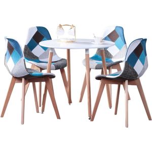 KTN® - Eetkamerset - Ronde Eettafel met 4 Eetkamerstoelen - Eethoek - Rugleuning - Rugleuning - Fauteuil - Woonkamerstoelen - Kuipstoelen - Fluwelen Stof - Gewatteerde zitting - Houten poten - Patchwork Patroon - Kleurrijk - Wit - Blauw