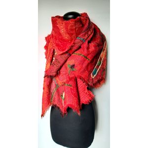 Geborduurde wollen dames sjaal oranje-rood-fuchsia- 70 x 180 cm