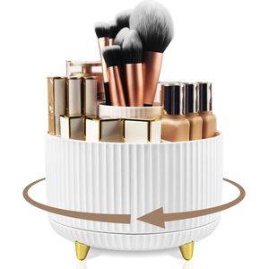 360° Rotatable Make Up Organiser - Cosmetic Storage Box for Brushes, Lipsticks - White