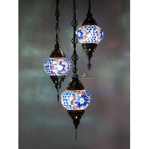 Turkse Lamp - Hanglamp - Mozaïek Lamp - Marokkaanse Lamp - Oosters Lamp - ZENIQUE - Authentiek - Handgemaakt - Kroonluchter - Blauw - 3 bollen