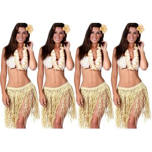 Toppers in concert - Fiestas Guirca Hawaii verkleed set - 4x - volwassenen - naturel - rieten rok/bloemenkrans/haarclip