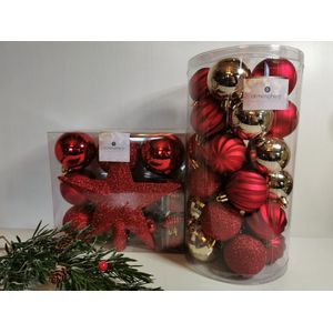 Deluxe Kerstballenset Rood en Goud met Boomtop Ster: 48delig Verschillende formaten/vormen mat, glanzend, glitter