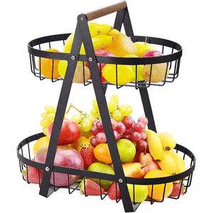 Decopatent - 2-Laags Fruit Etagere Fruitschaal - Fruitschaal Ovaal - Metaal - Fruit Etagere 2 Lagen - Fruitmand Zwart - Modern en Stijlvol - Afm: 32 x 18 x 31 Cm
