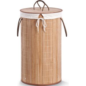 1x Luxe ronde bruine wasmanden van bamboe hout 35 x 60 cm - Huishouding/huishouden - Schoonmaakartikelen - Was sorteren/verzamen - Wasgoedmanden/wasmanden - Ronde wasmanden