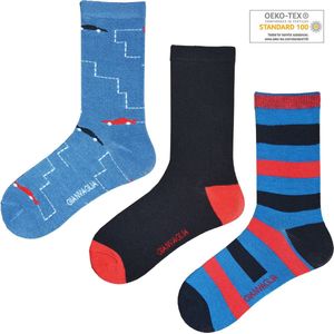 3 paar Jongenssokken in Blauw, Zwart en Blauw met auto's kleuren 27-30