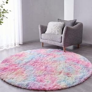 Rond hoogpolig tapijt woonkamer pluizig - 150 cm, regenboog vloerkleed