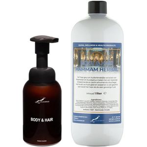 Zeepdispenser 300 ml amber bruin hervulbaar + 1 liter Body & Hair Hammam Herbal navulling