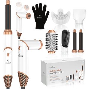 VENEUX® 6 in 1 Föhnborstel - Airstyler - Krulborstel - Krultangen - Diffuser - Wit / Goud