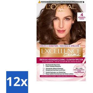 L'Oréal Paris - Excellence Crème - Middenbruin 4 - Haarverf - Permanente Haarkleuring - Voordeelverpakking - 12 stuks