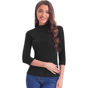 Dames glittershirt met lange mouwen en opstaande kraag - zwart - maat XL - metallic strepen - feestelijke blouse - avondkleding