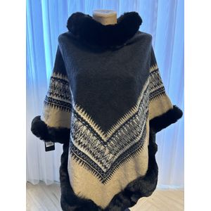 Dames poncho met imitatiebont zwart/wit gevoerd